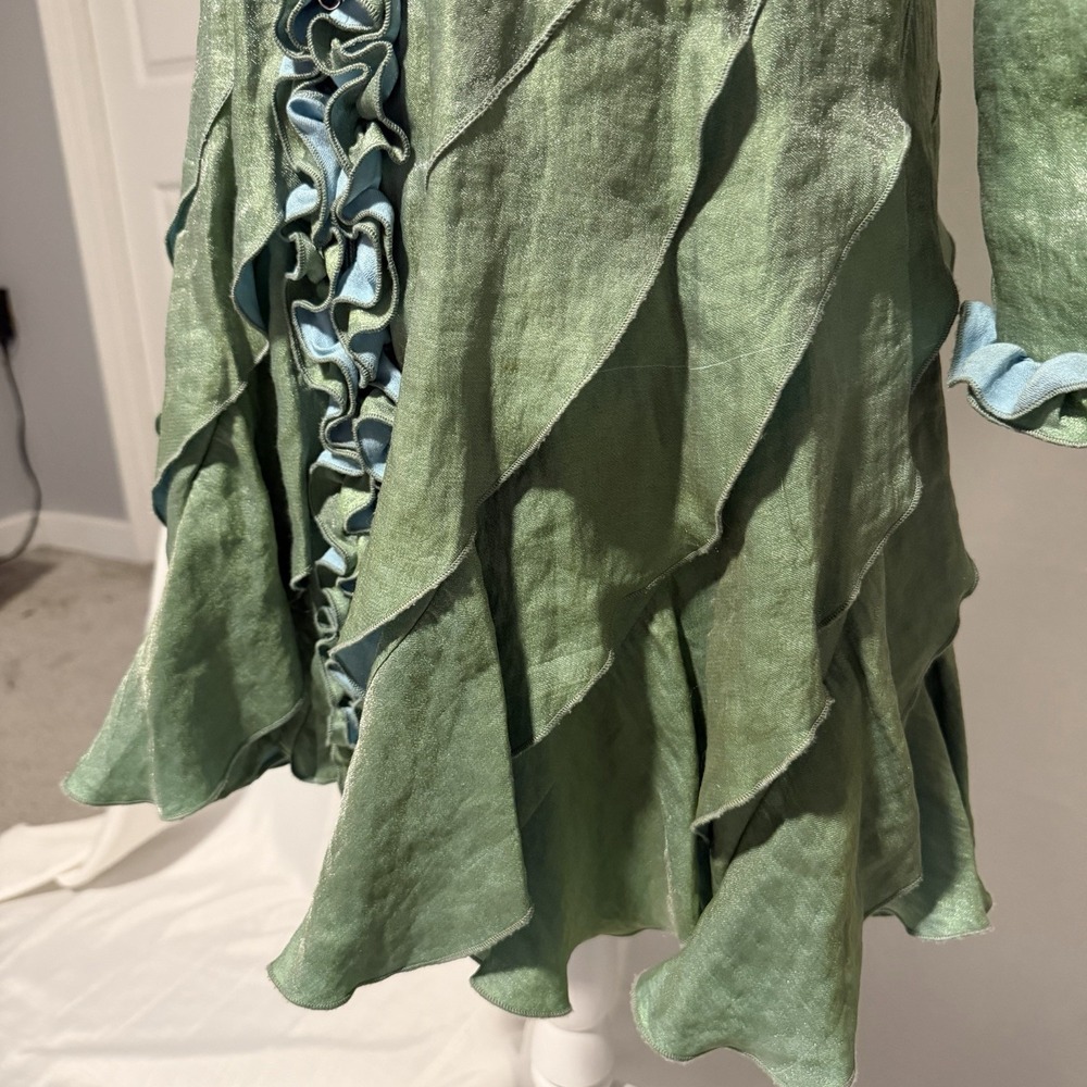 Samuel Dong Green Lagenlook Jacket Coat Dress Ruffle Trim Taffeta Avant Garde Sm - Picture 7 of 10